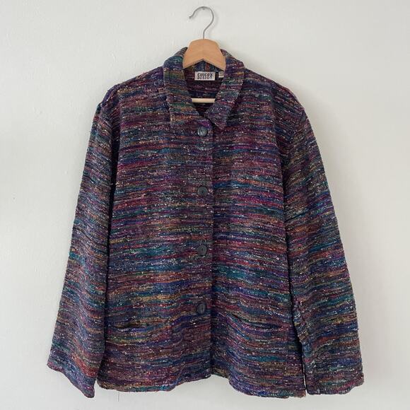 Vtg 90's CHICOS Multicolored Button Up Woven Silk Jacket Sz 3 Natural Fiber - Picture 1 of 7
